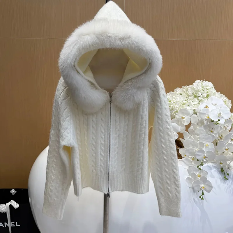 New Casual Autumn Winter Women Natural Real Fox Fur Collar Hooded Jacket Cardigan Fur Decoration Lady's Sweater Coat - view 2