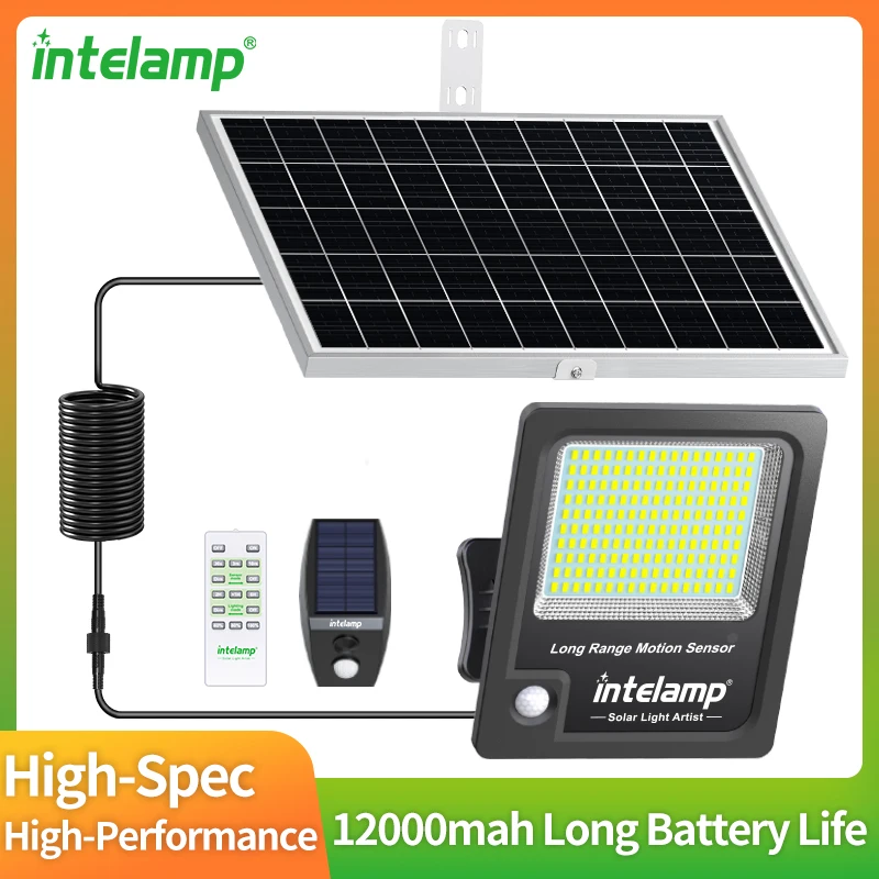 Intelamp 12000mAh Solarleuchte für den Außenbereich, Sicherheitsflutlicht mit supergroßem Solarpanel, zwei Sensoren für Garten, Hof, Veranda, Bauernhof