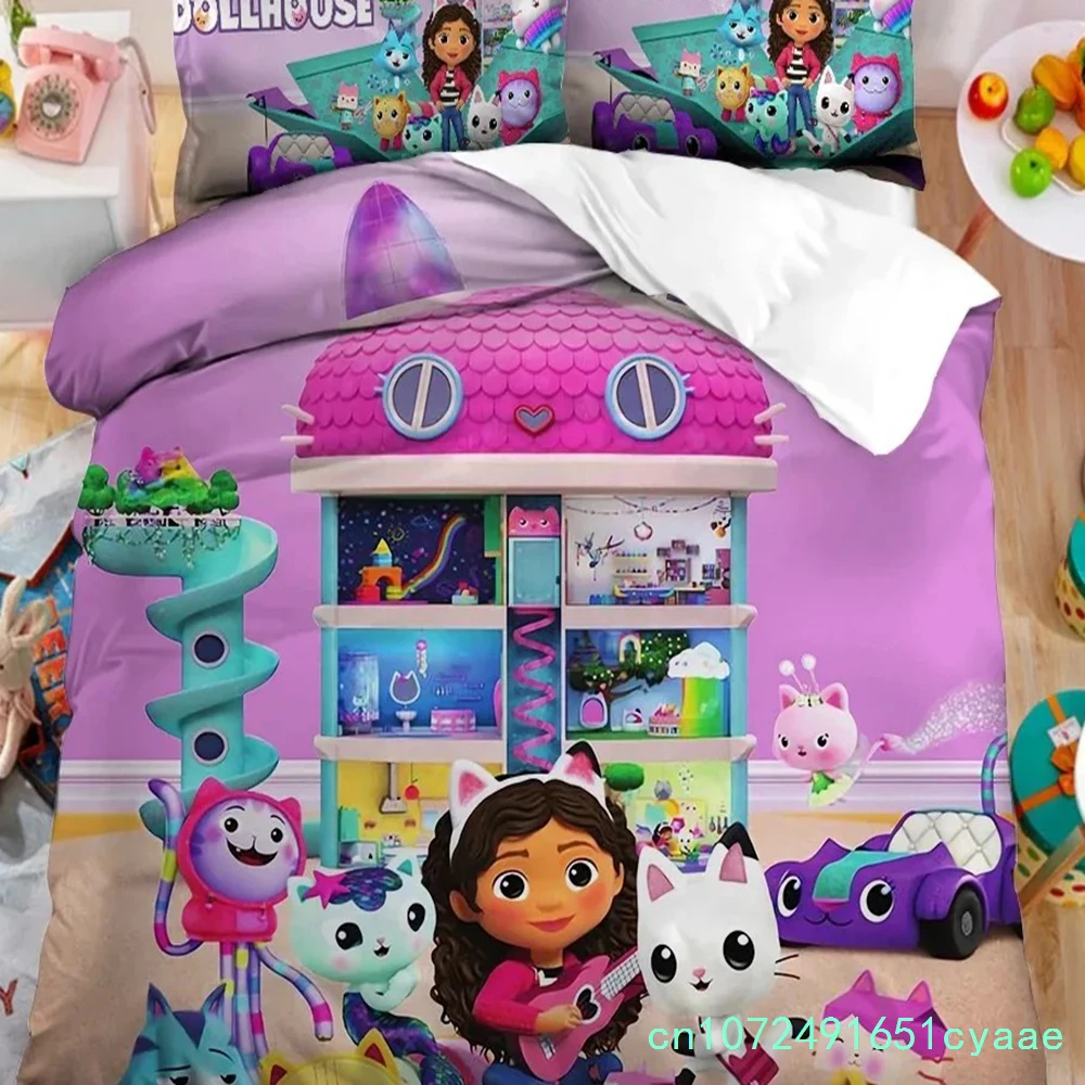 Gabby's Dollhouse Bedding Set,Kawaii Gabby's Dollhouse Duvet Cover Bed Linen Set Single Double Size,Bedclothes Quilt Cover
