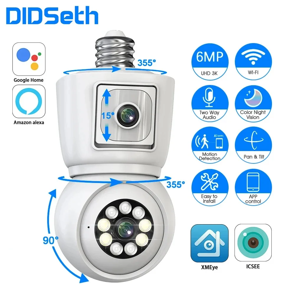 DIDSeth 6MP E27 Camera Light Bulb Dual Lens Camera Auto Tracking Full Color Night Vision Two-way Audio Security IP Camera