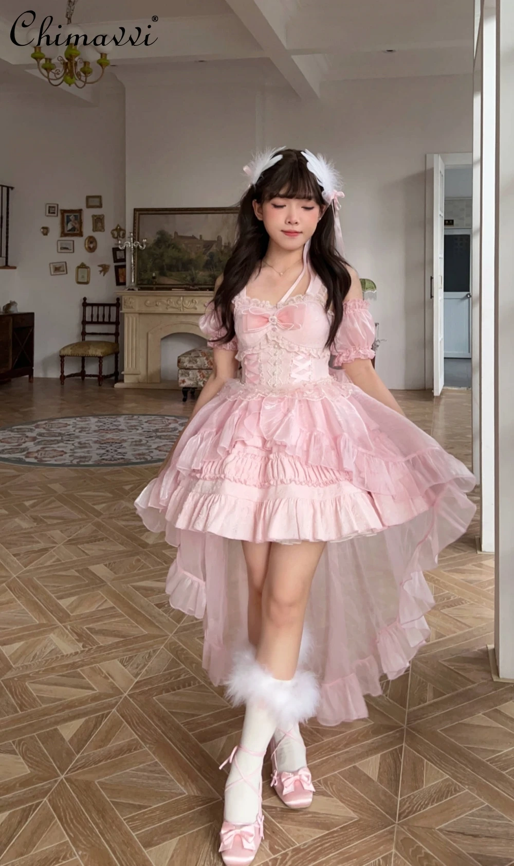 

Lolita Style Sweet Trailing Slip Dress for Women Summer New Princess Fairy Girls Bow White Birthday Party Lady Puffy Dresses