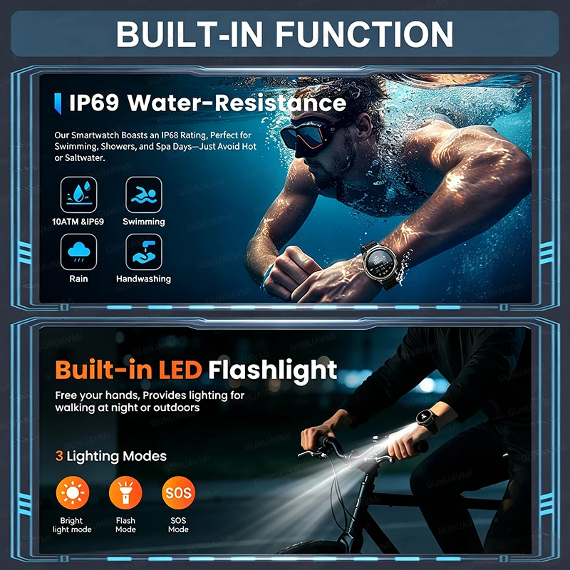 2026 Nuevas tácticas al aire libre reloj inteligente 1100mAh gran batería pantalla de 1.7 pulgadas linterna led brújula IP68 impermeable monitoreo de la salud HD llamada deportes fitness reloj inteligente