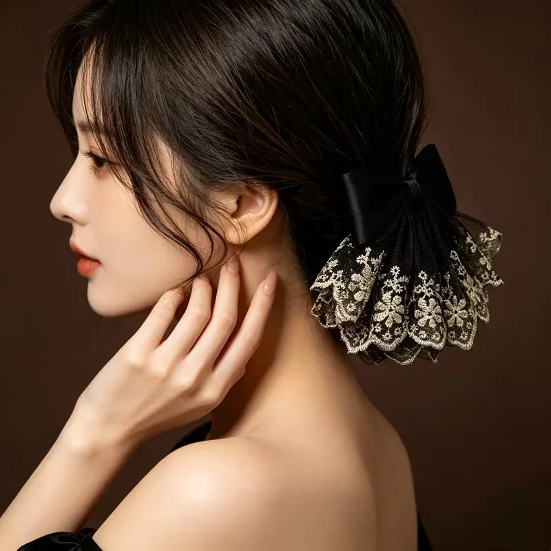 Korean-style Dongdaemun Black Lace Bow Hair Clip for Women Classy Professional Net Bun Tool Hair Accessory