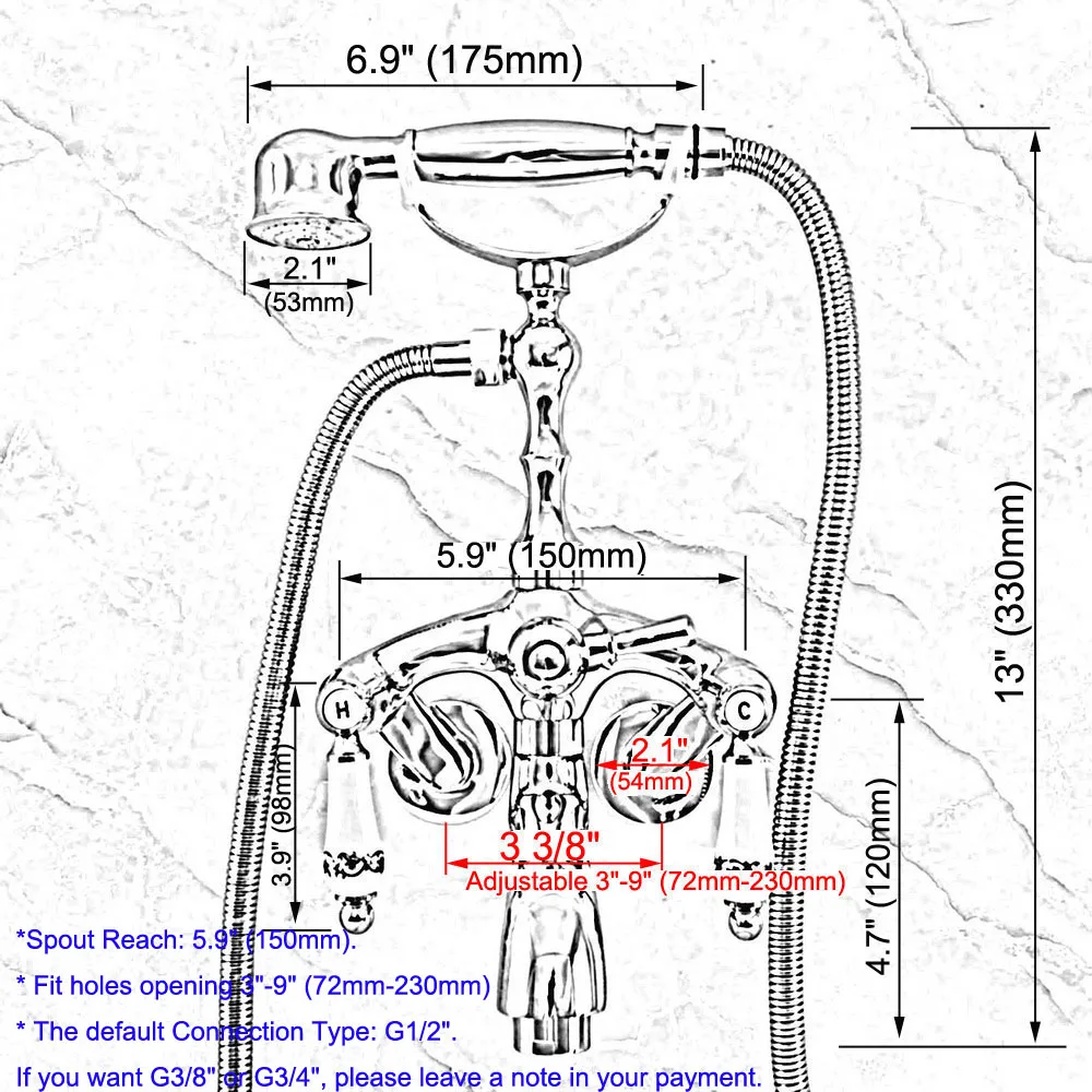 Polished Chrome Brass Claw-foot Bathtub Faucet Wall Mounted Tub Filler Handheld Shower - Adjusts From 3-3/8