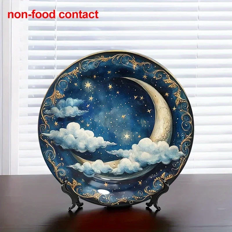 8-Inch Round Ceramic Hanging Wall Plate - Vintage Night Sky Art with Golden Vines & Moon, Non-Food Contact Decorative Plaque