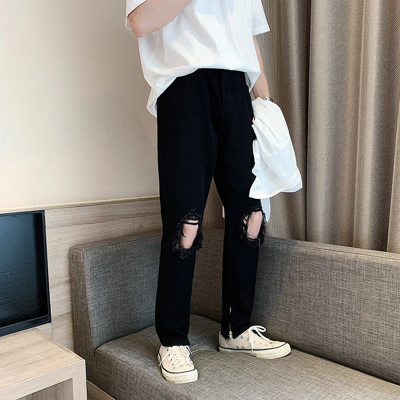

High Street Men's Slim Fit Denim Jeans Black Casual Trendy Hole Design Nine Point Zipper Slimming Pants Youth Leisure Fashion