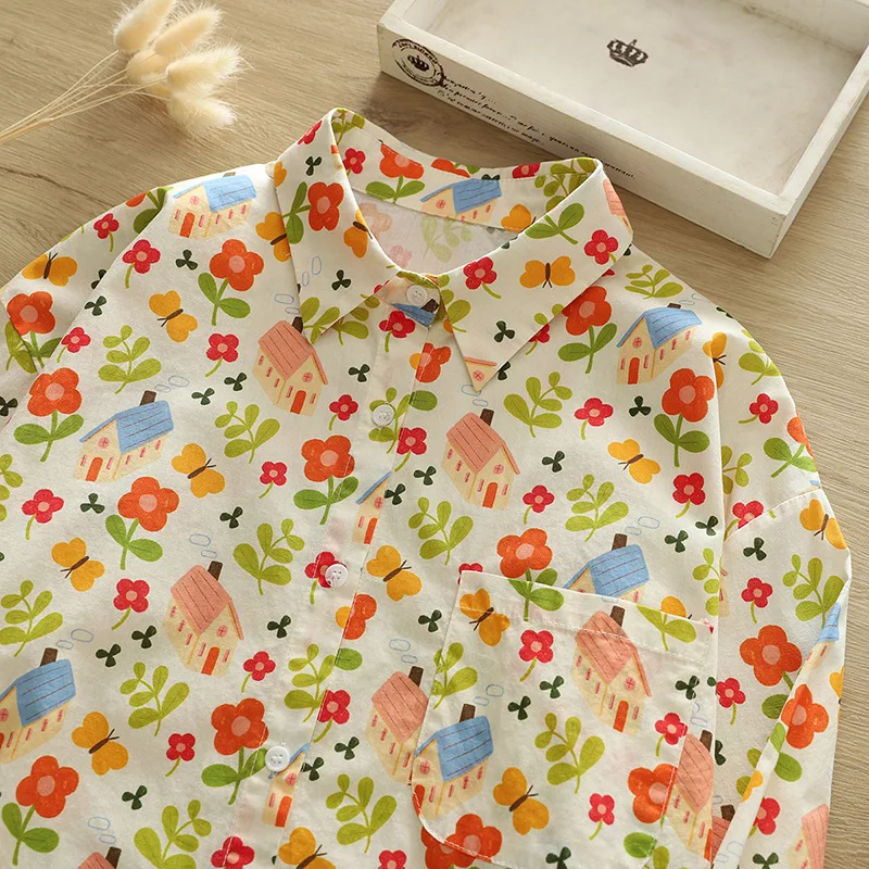 New Autumn Cotton Shirts Women Rainbow Print Tops Long Sleeve Single-Breasted Turn Down Collar Loose Casual Long Blouse T37958JM