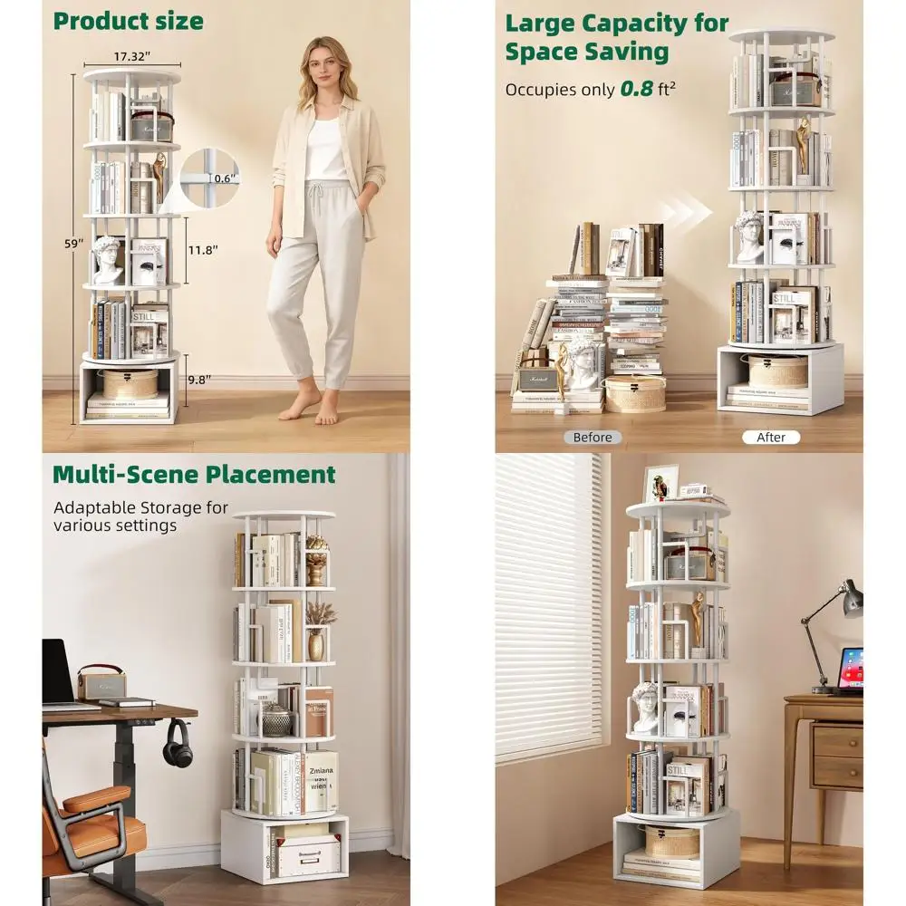 

White 5-Tier Swivel Bookshelf with Storage Cabinet, Space-Saving Corner Stand for Home, Ideal for Bedrooms and Living Rooms