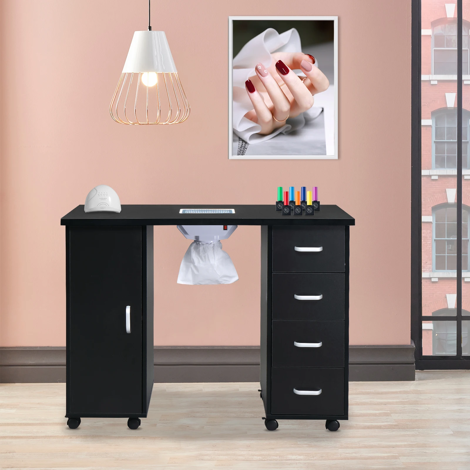 MDF Single Door 4 Drawers With Fan Black Nail Table