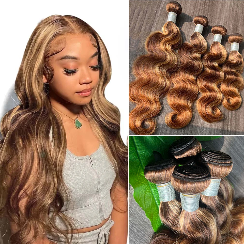 10-30 Inch P4/27 Honey Blonde Highlight Ombre Body Wave Human Hair Bundles Ombre Brown Bundles Colored P4/27 Honey Blonde Brown Highlight Unprocessed Brazilian Raw Virgin Human Hair Bundles Extensions 3 4 Bundles 100g/pc for Black Women