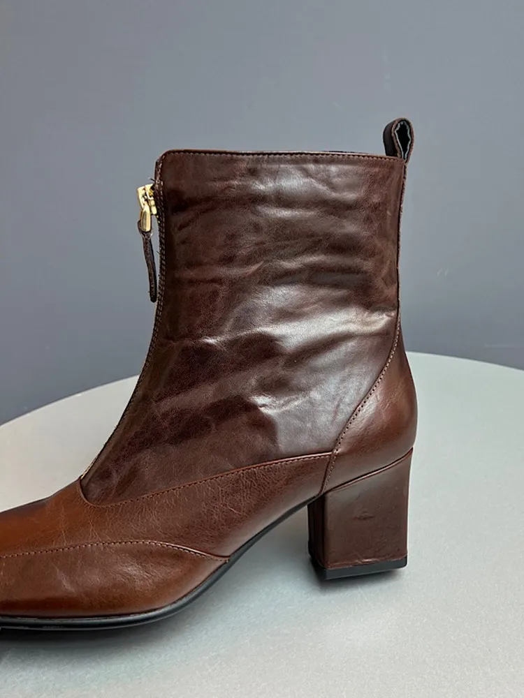 Elegant Women Square Toe Cowhide Genuine Leather Designer Ankle Boots Zipper Patchwork Height Increase Comfortable Ladies Shoes