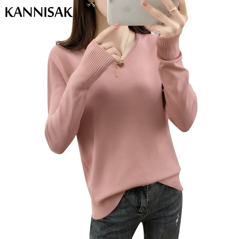 Autumn Winter Women Pullovers 2024 V-neck Solid Pink Red Knitwear Bottoming Shirt Korean Womens Sweaters Casual Ladies Jumpers