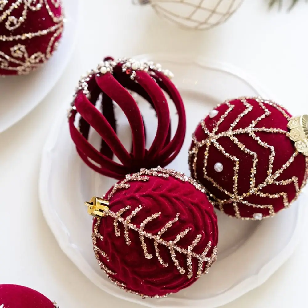 3pcs 8cm Velvet Christmas Balls Set Wine Red Plastic Christmas Balls Pendant Elegant Flocking Christmas Tree Ornaments