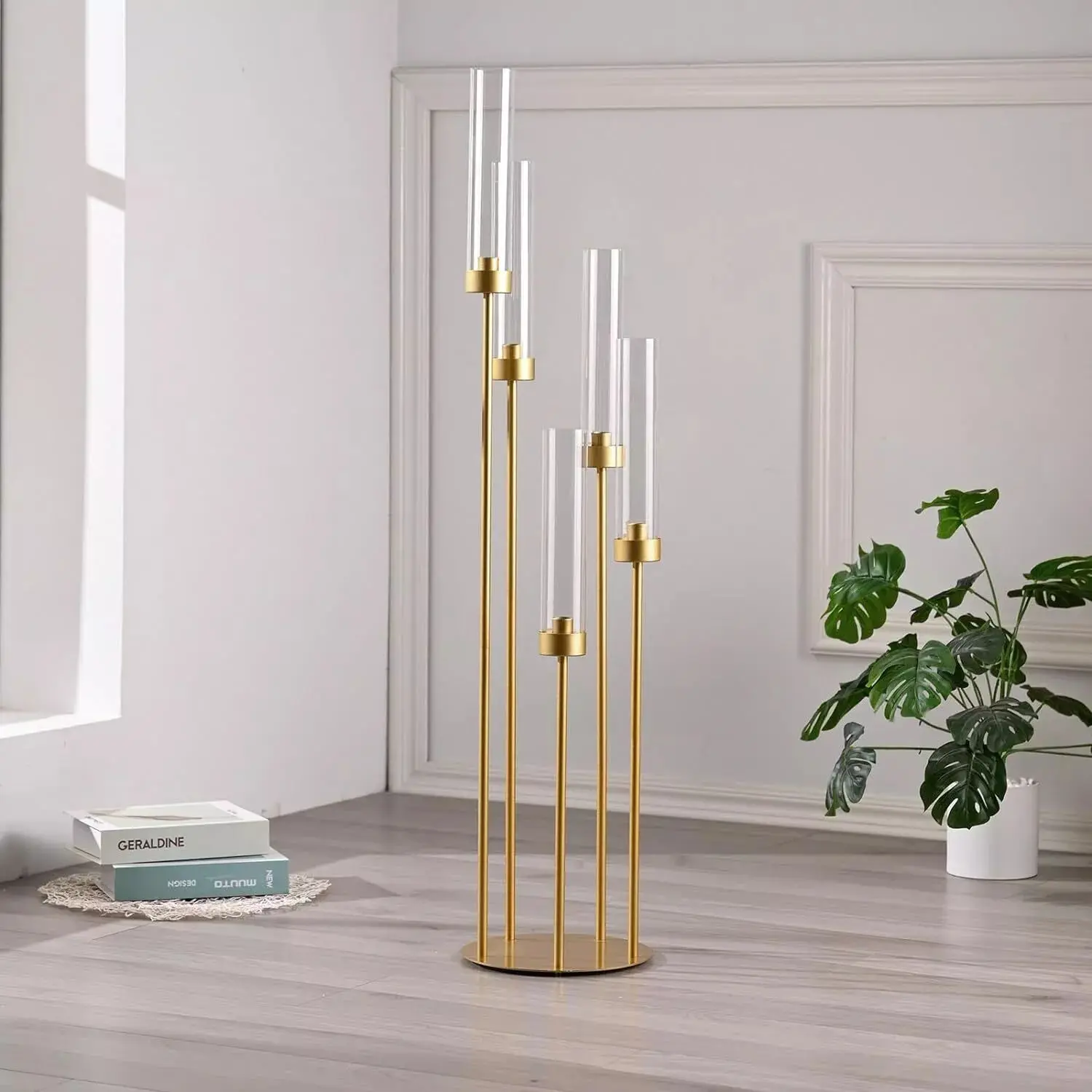 Gold Floor Candelabra,5 Arm Candle Holder Tall Floor Candle Holder with Acrylic