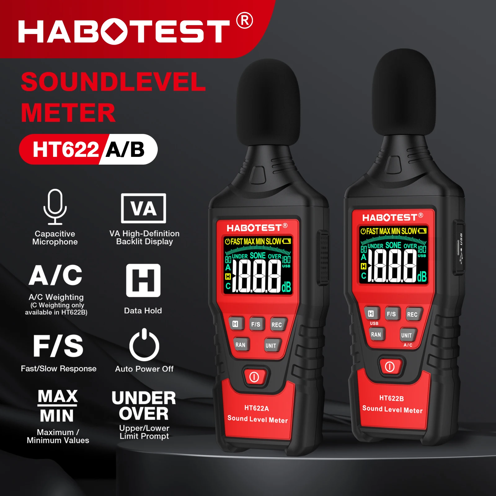 HABOTEST HT622 Sound Level Meter Portable SPL Meter 30dBA to 130dBA Audio Noise Volume Measuring Instrument Decibel Meter