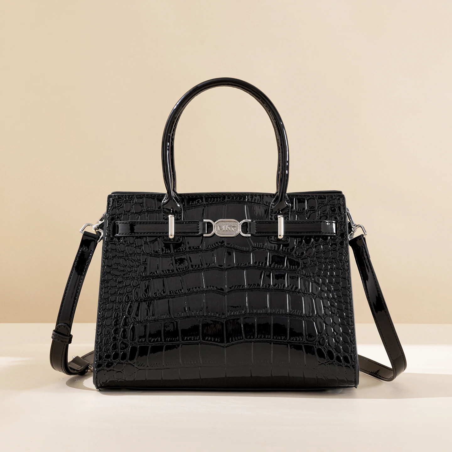 Women Glossy Crocodile Textured Tote Handbag, Front Strap Metal Nameplate, Detachable Adjustable Strap, Convertible Crossbody Purse, Structured Business Commuter Shoulder Bag, 2 Colors Available