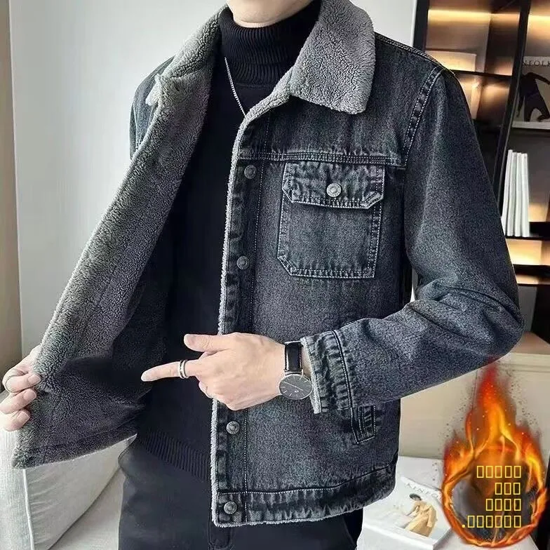 

Men's Denim Fce Lined Jaet Thi Warm Winter Sle Korean Version Slim Fit Collar Button Decorated Cotton Youth Faion