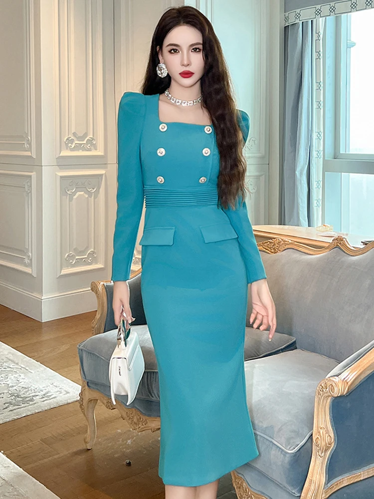 Spring Autumn Business Formal Dresses Women Clothing Elegant Office Commute Puff Sleeve Wrap Hip Dress Robe Femme Mujer Vestidos