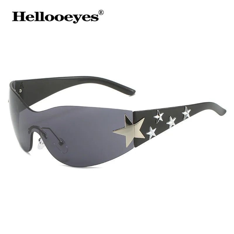 One Piece Rimless Y2K Sunglasses For Women Men Punk Goggle Trendy Shield Sun Glasses 3D Five Star Rhinestones Eyewear UV400