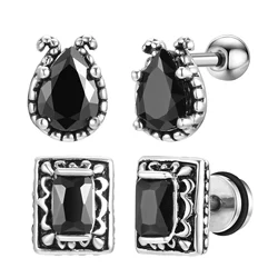 Vintage Black Zircon Stud Earrings for Men Boys,Stainless Steel Droplet Shaped Stone Ear Studs,Gothic Rock Punk Jewelry Gifts