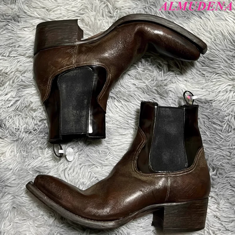 Vintage Brown/Black Chunky Heel Ankle Boots Women's Big Size Pointed Toe Chelsea Boot Causal Dress Luxury Designer Shoes