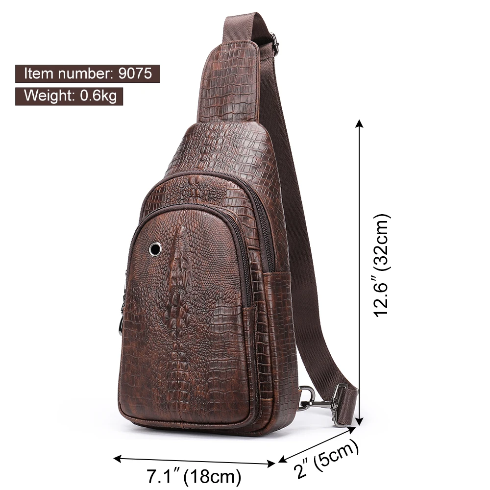 WESTAL Cowhide Genuine Leather Crossbody Sling Bag Men Croco Embossing Chest Bag Waterproof Shoulder Bags Black for Traveling