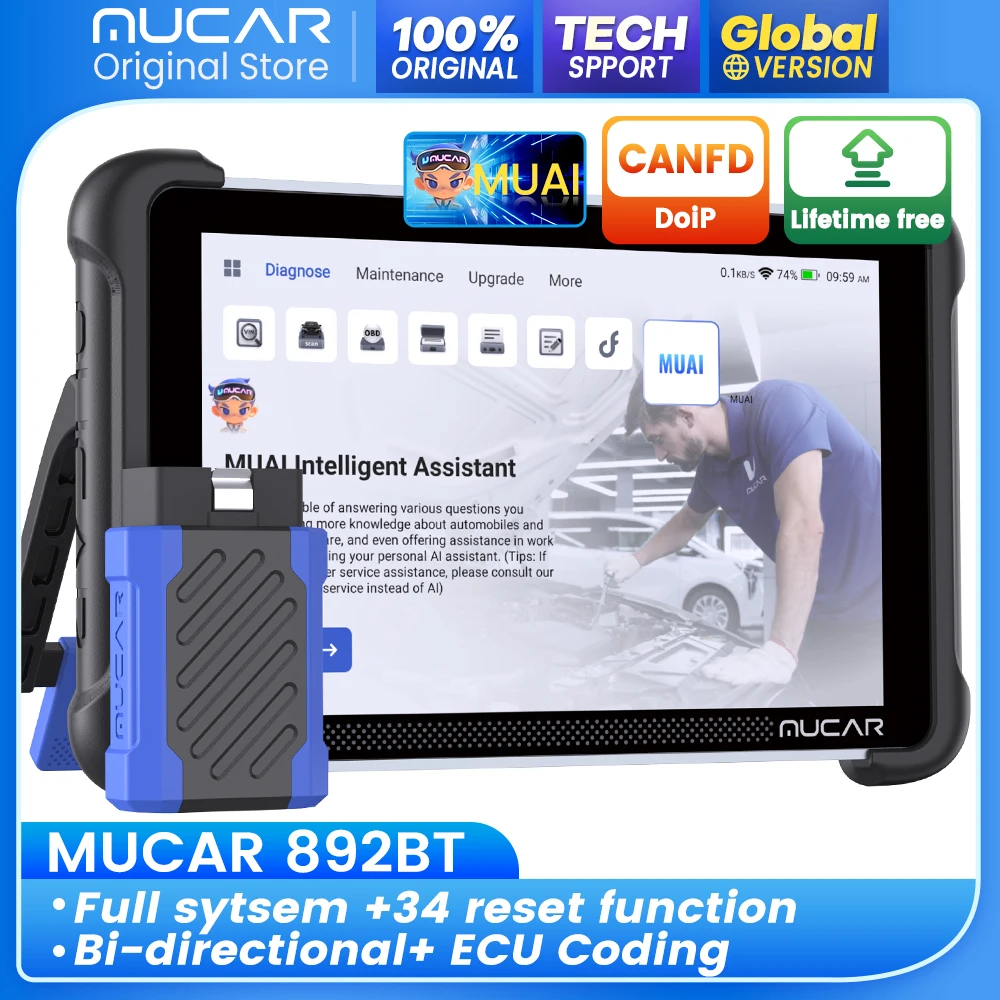 

MUCAR 892BT OBD2 AI Автоматический диагностический сканер, полная система 35, сброс, функция ABS, кодирование ЭБУ, двунаправленный срок службы CANFD и DOIP