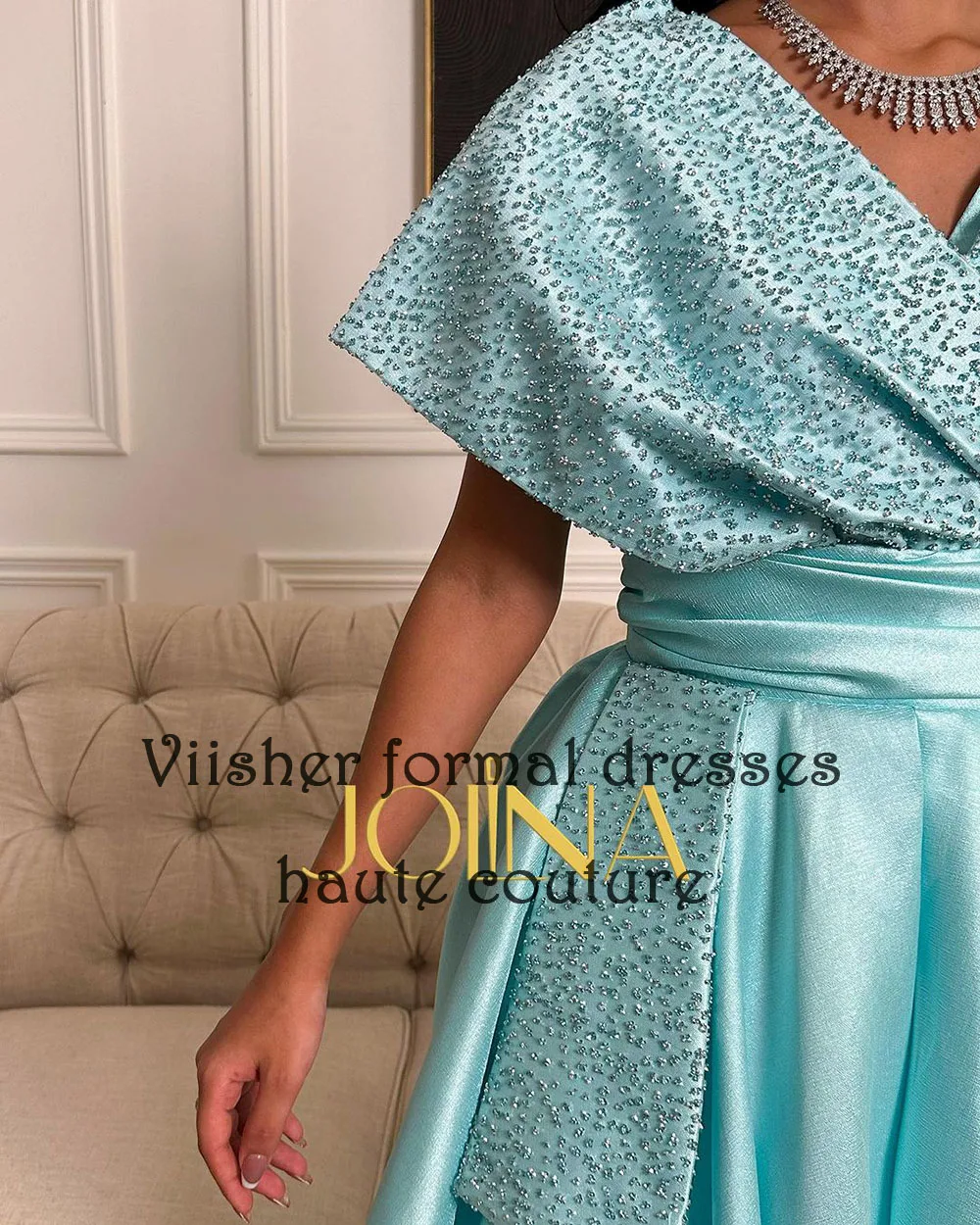 Robes de soirée A-ligne pour femmes, vert aqua, col en V, perles, satin, arabe, Dubaï, robe de Rh, longueur au sol, événement de convocation, quoi que ce soit