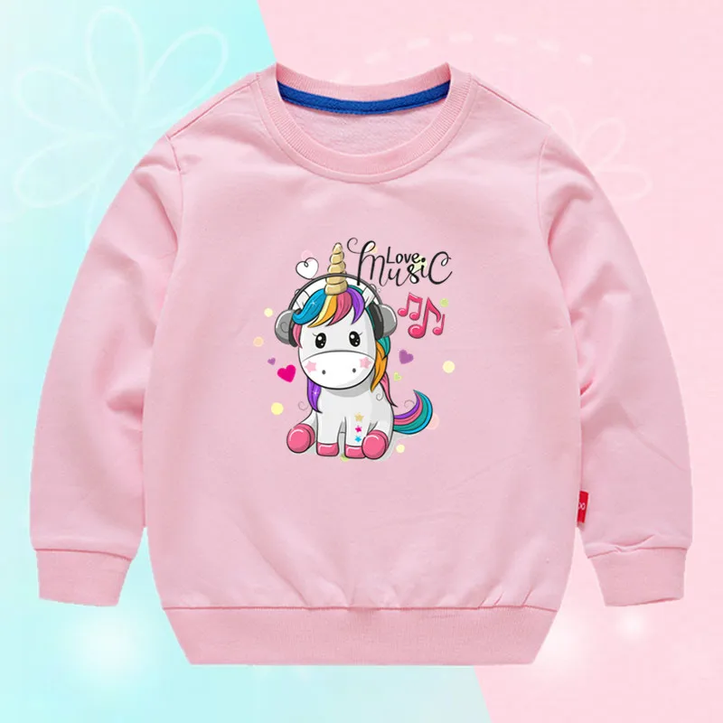 Little Girl Kawaii Sweatshirt Unicorn Printed Soft Cotton Pullover Tops Spring Fall Children Cartoon Clothing