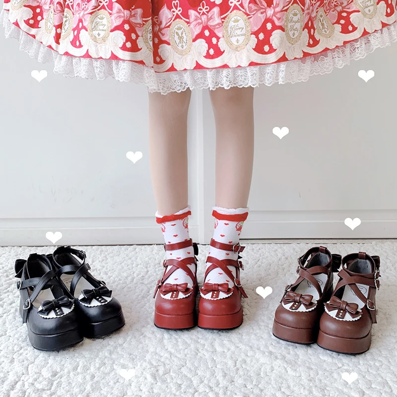 Japanese Student Sweet Lolita Shoes Vintage Round Head Comfortable Women Shoes Cute Bowknot Cross Strap Kawaii Shoes Loli Cos