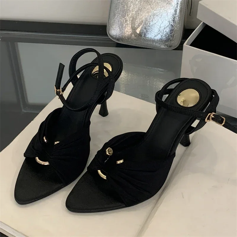 Women's Pointed Toe Satin Twisted Metal Ring Ankle Strap Thin Stiletto Heel Sandals Elegant Party Footwear Drop Shipping Girls