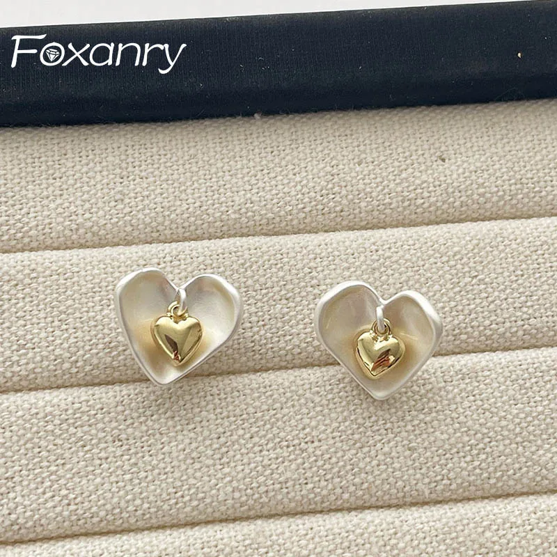 Foxanry Bicolor الحب القلب وأقراط للنساء فتاة الكورية العصرية الإبداعية مزاجه بسيط الحلو الذكرى مجوهرات هدية #1