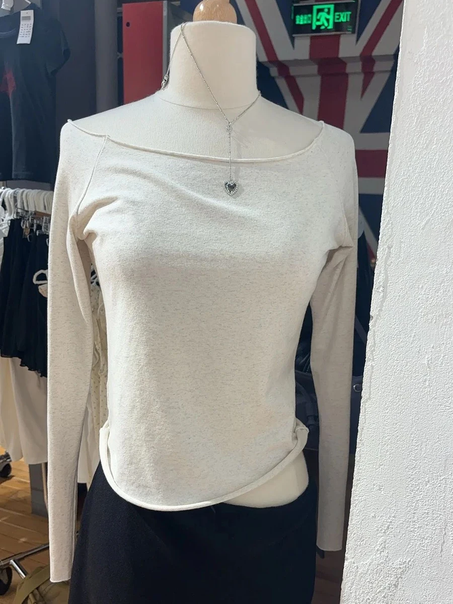 

Raw Hem Slim Long Sleeve T-shirt Women Autumn Sexy Slash Neck Cotton Cropped Tee Shirt Simpe Basic Streetwear Tshirts Top Y2k