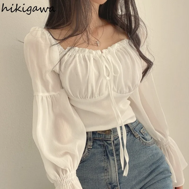 Chic Blouse Women\'s Clothing Flare Sleeve Square Collar Bandage Crop Tops 2024 Camisas De Mujer Sweet Ruffles Folds Summer Shirt