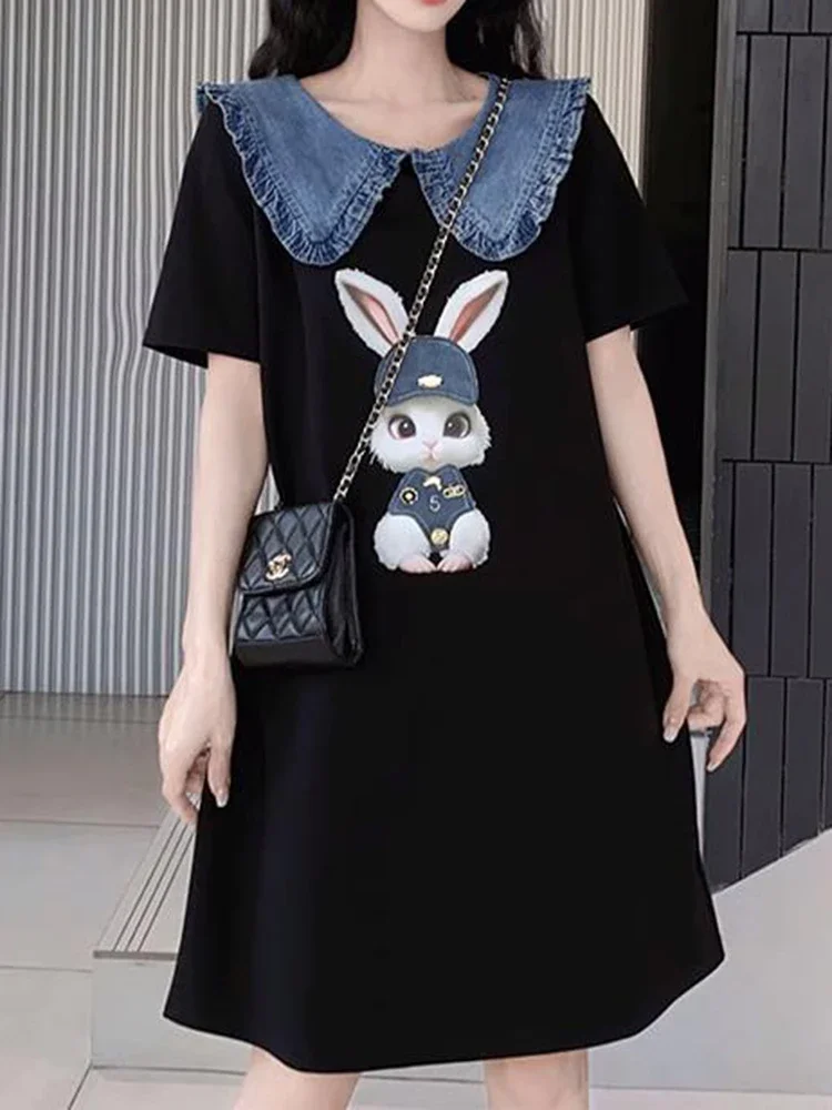 

2024 Summer Rabbit Cowboy Doll Neck Dress Women's Large Fashion Loose Skirt y2k dress LOOSE FIT