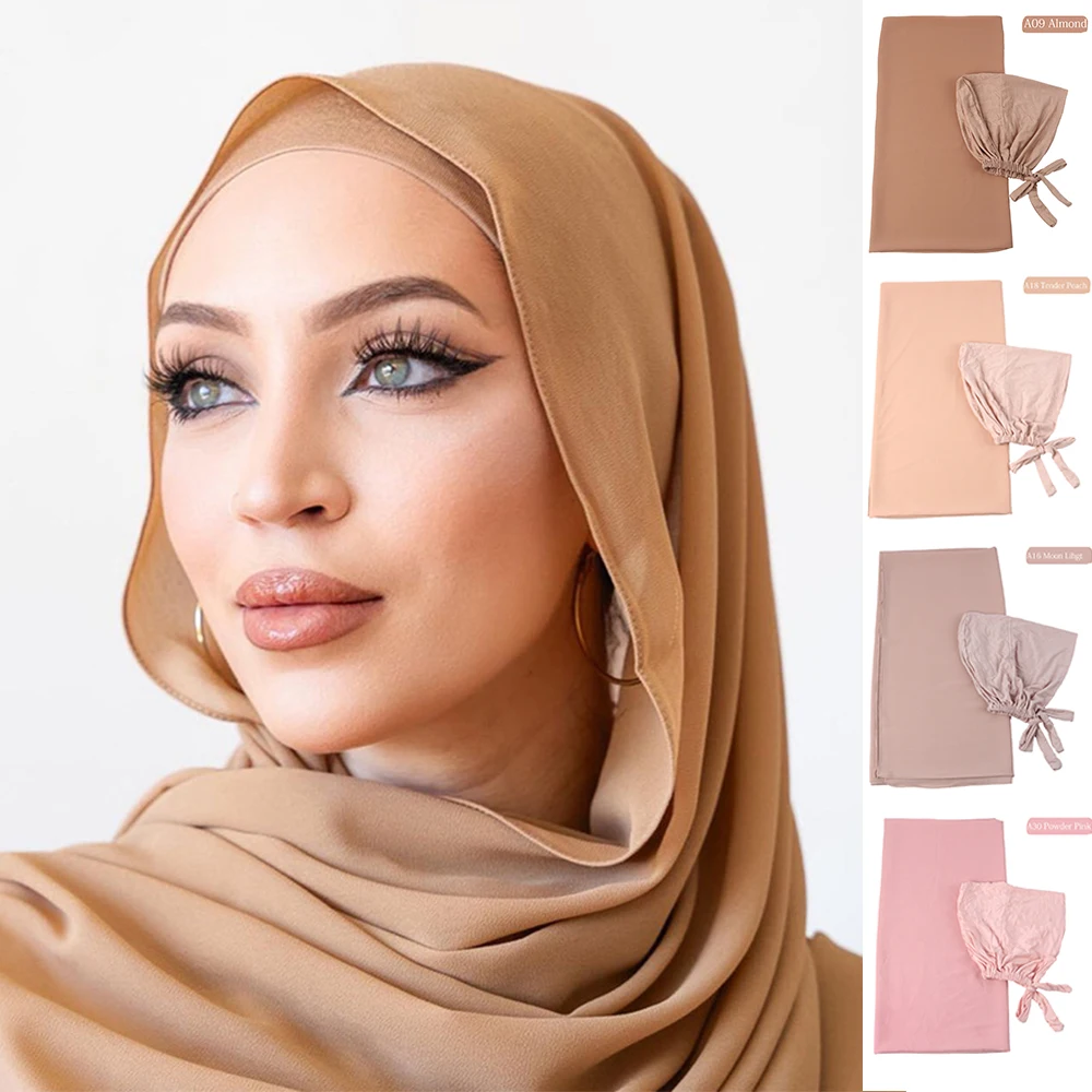 Conjunto muçulmano de hijab chiffon para mulheres, turbante modal, véu islâmico, lenços Ramadã, xales femininos, moda