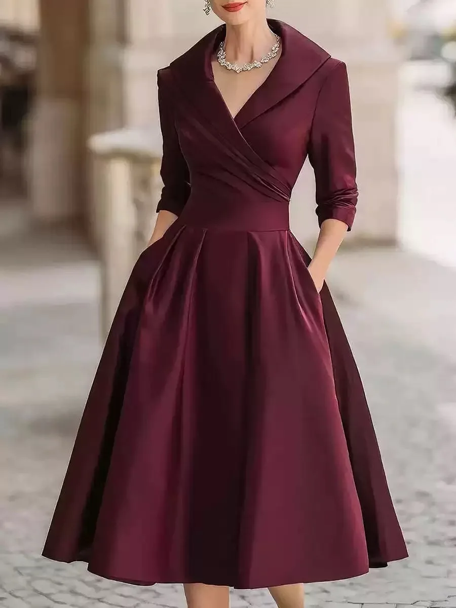 Abito in raso con scollo a V da donna autunnale Abito dimagrante a vita alta da donna a maniche lunghe di nuova moda per abito elegante solido da sera per feste