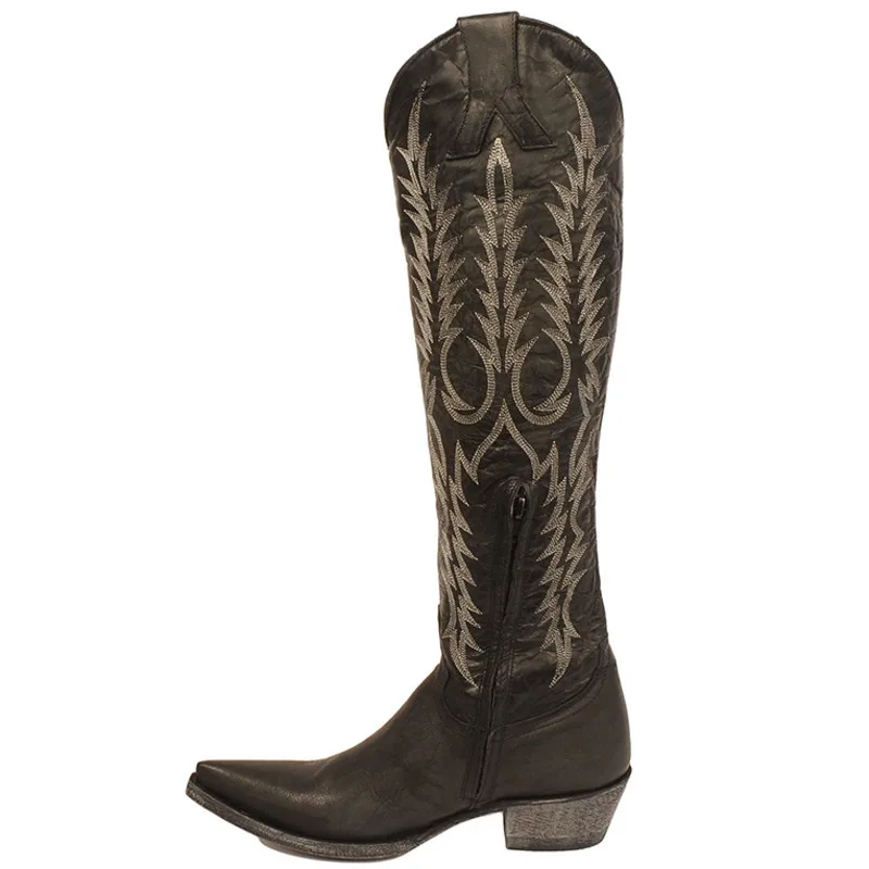 2024 Embroidered Cowgirl Boots Shoes Women Slip On Western Knee High Boots Fashion Low Heels Square Toe Cowboy Boots