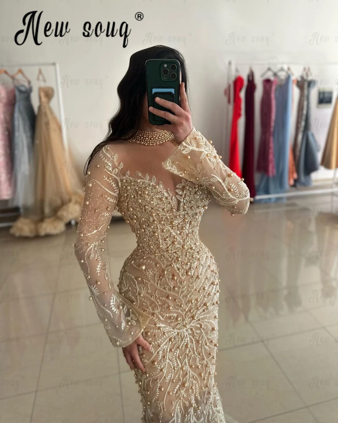 Arabic Champagne Turtlneck Evening Dress Long Sleeve Luxury Wedding Party Gowns Women Formal Occasion Prom Gowns Dubai Custom