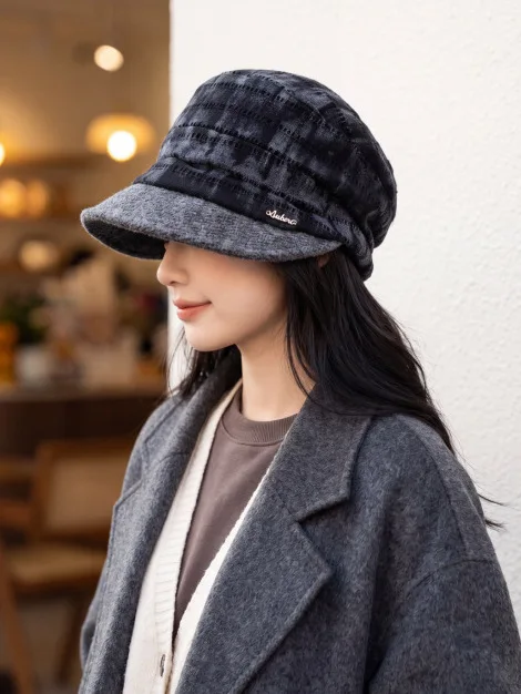 korean-plaid-newsboy-cap-women's-warmth-hat-windproof-short-brim-face-slimming-cozy-autumn-winter-fashionable-bucket-hat