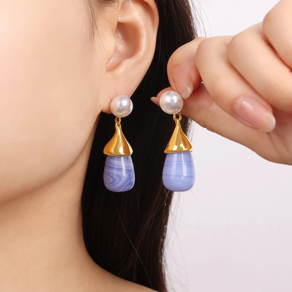 

Stainless Steel Drop Earrings For Women Colorful Oval Resin Imitation Pearl Dangle Earrings Waterproof Wedding Female Jewelry