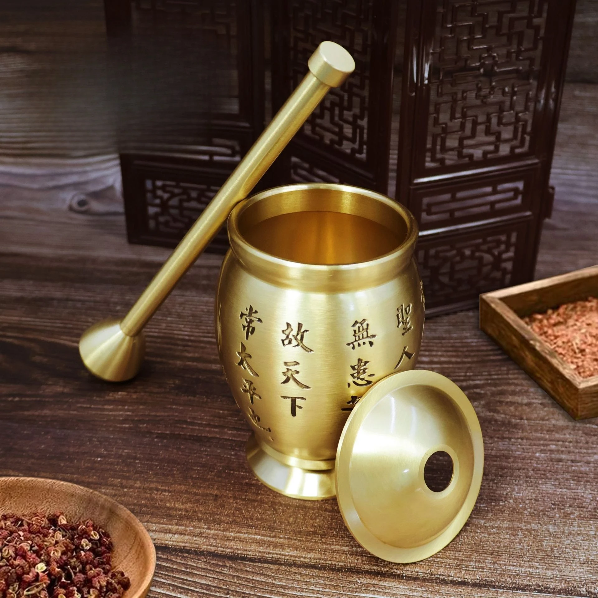 Antique Engraved Brass Mortar and Pestle Home Garlic Masher Chinese Herb Shop Grinder Vintage Craft Desk Ornament
