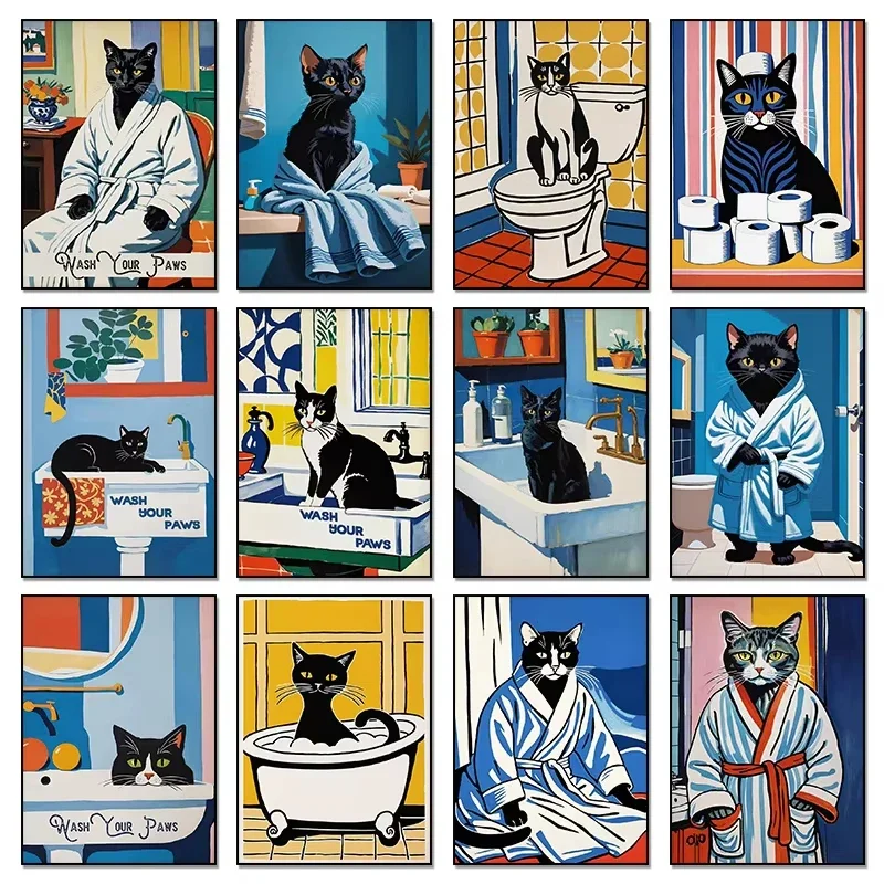 Funny Bathroom Black White Cat Bathrobe Bathtub Toilet Diamond Painting, Humorous Pet Animal Wall Decor For Home Living Room