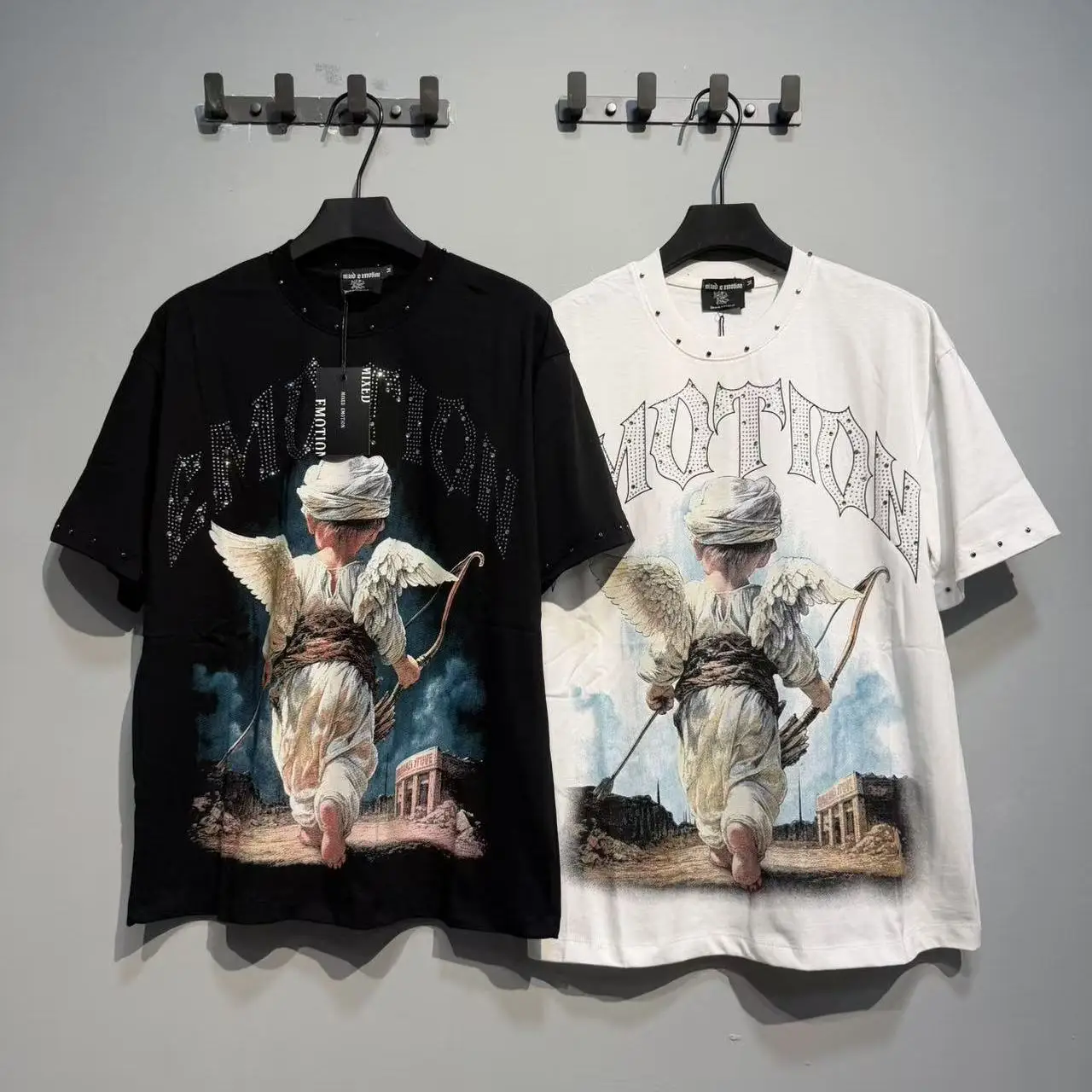 Mixed Emotion Angel Print High Street Cotton T-Shirt with Rhinestones Short Sleeve Streetwear Citywalk Daily Wear Youth Fashion