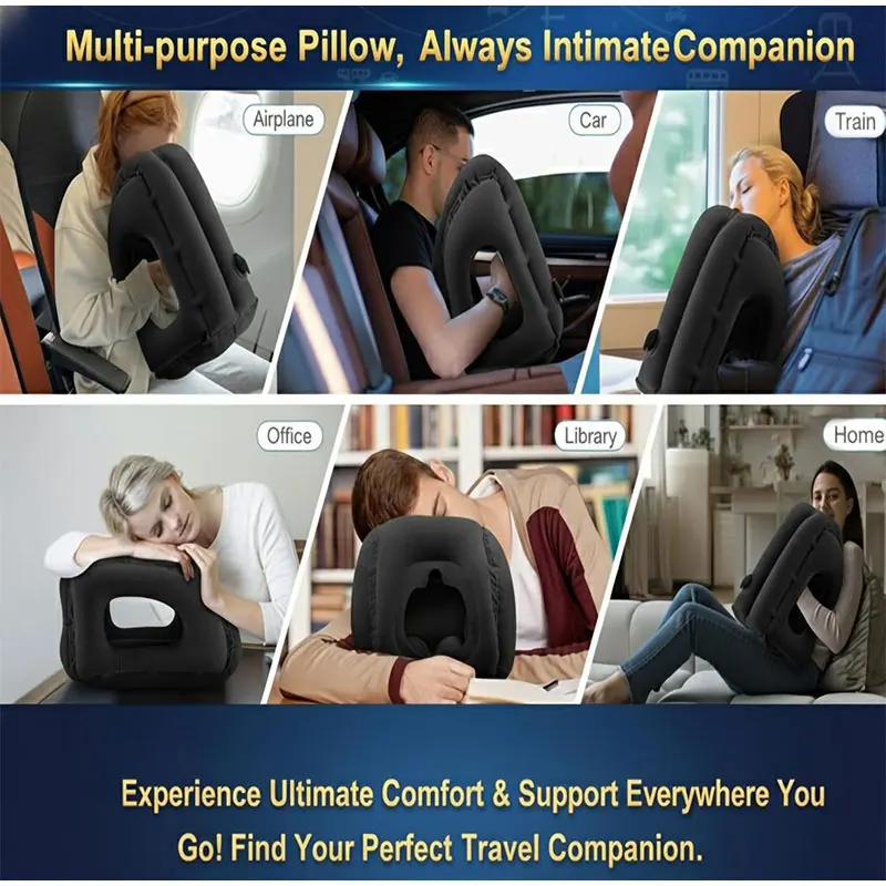 Inflatable Travel Neck Pillow Flocked Nap Pillow, Portable Blow Up Face Down Rest Cushion for Long Trip Office Desk Sleeping