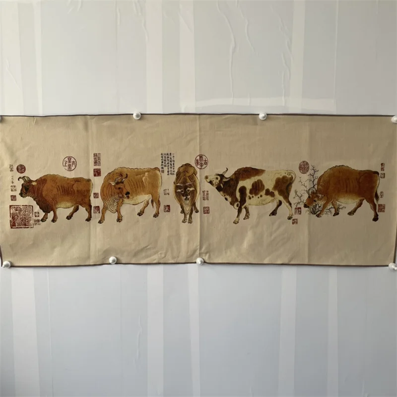 Chinese Old Color Brocade Wall Painting - Five Bulls Diagram Embroidery Artwork Decorative Home Piece