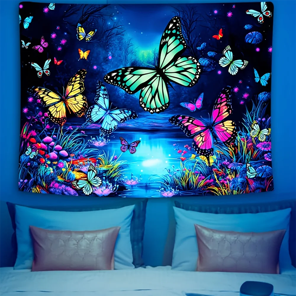 1pc  Neon Blacklight Butterfly Forest Tapestry, Magical Glow in the Dark Night River Wall Hanging for Bedroom Living Room
