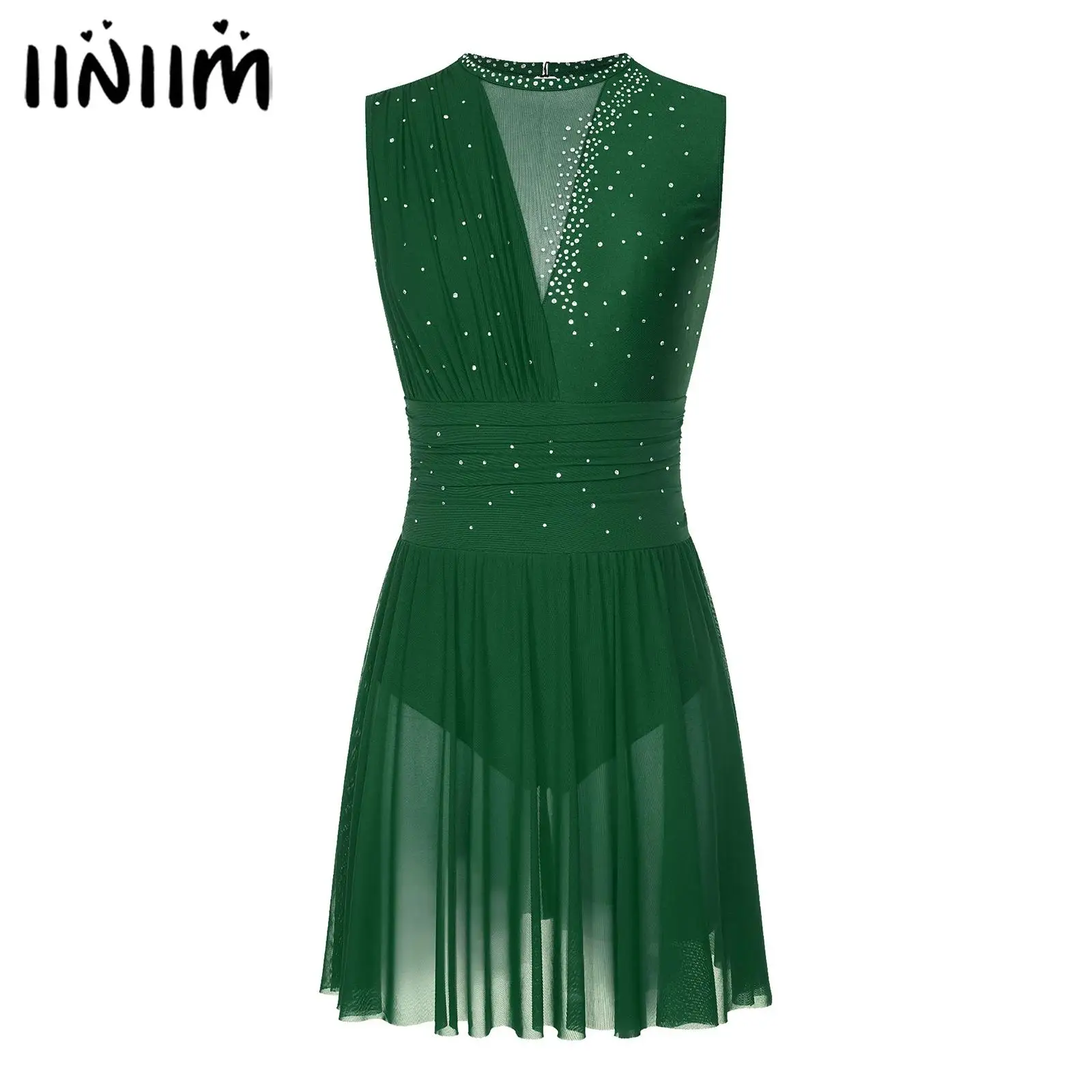 

Womens Artistic Figure Skating Costume Glittery Rhinestones Cutout Back Sleeveless Rthymic Gymnastic Ballet Lyrical Dance Dress