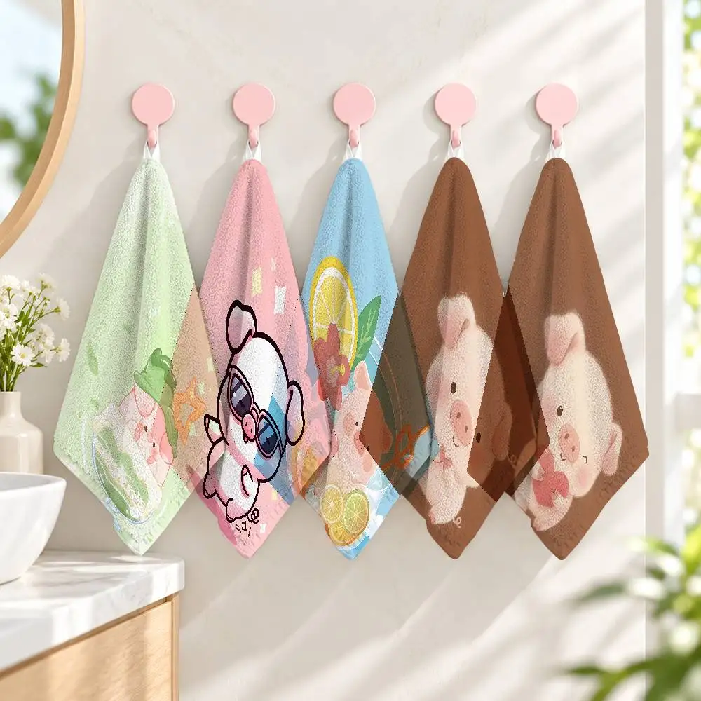 Happy Accompanying Pig Summer Cartoon Printed Small Hand Towel Polyester Cotton Soft Towel For Bathroom Kitchen Home Use