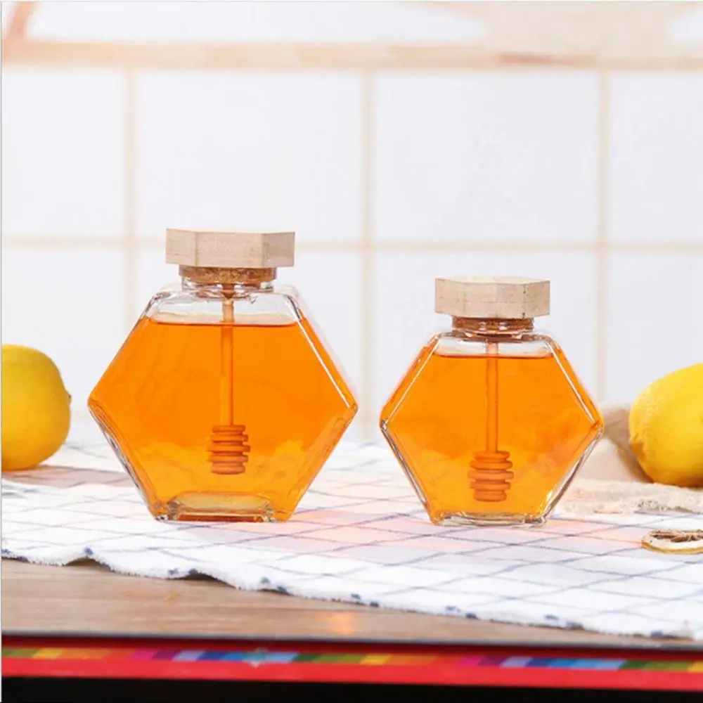 Kitchen Hexagon Glass with Wooden Dipper Transparent Storage Container Dispenser Honey Pot Honey Jar